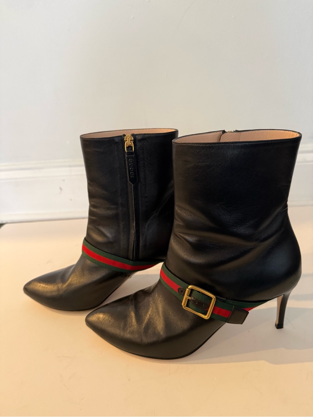 Gucci Black Leather Mid-Calf Heeled Boots with Green-Red Web and Gold Buckle